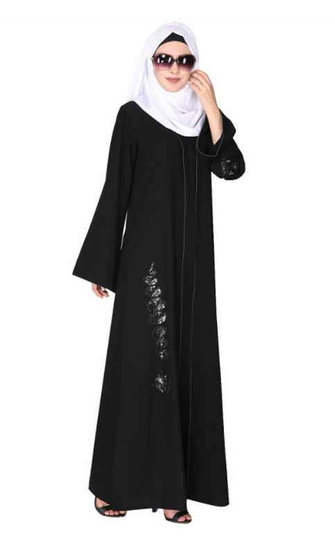 Opulent Hand Embroidered Front Open Black Abaya With A Unique Twisted Motif Of Sparkling Sequins