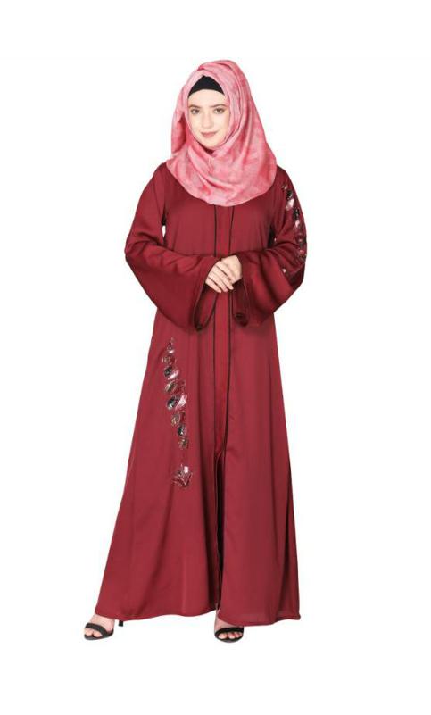 Opulent Hand Embroidered Front Open Maroon Abaya With A Unique Twisted Motif Of Sparkling Sequins