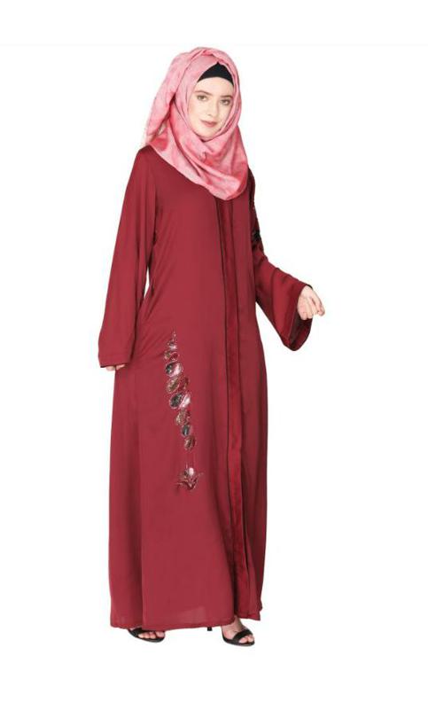 Opulent Hand Embroidered Front Open Maroon Abaya With A Unique Twisted Motif Of Sparkling Sequins