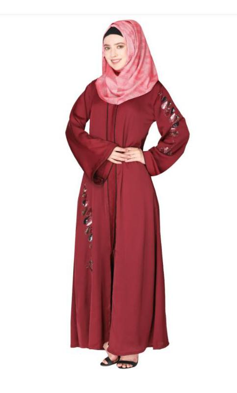 Opulent Hand Embroidered Front Open Maroon Abaya With A Unique Twisted Motif Of Sparkling Sequins