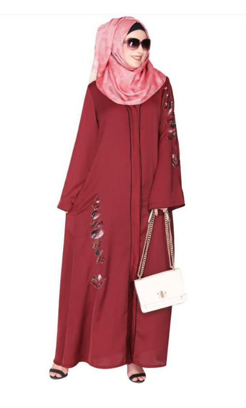 Opulent Hand Embroidered Front Open Maroon Abaya With A Unique Twisted Motif Of Sparkling Sequins