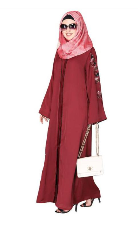 Opulent Hand Embroidered Front Open Maroon Abaya With A Unique Twisted Motif Of Sparkling Sequins