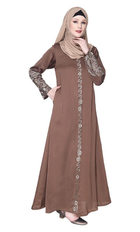 Opulent Hand Embroidered Oak Brown Luxury Abaya (Made-To-Order)