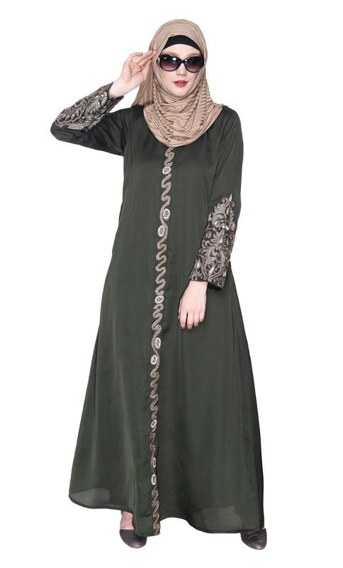 Opulent Hand Embroidered Olive Luxury Abaya (Made-To-Order)