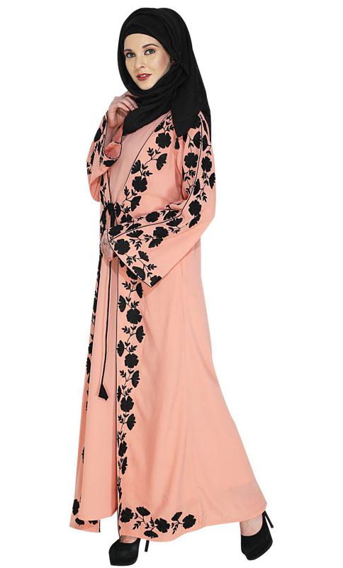 Opulent Peach Abaya With Extravagant Embroidery (Made-To-Order)