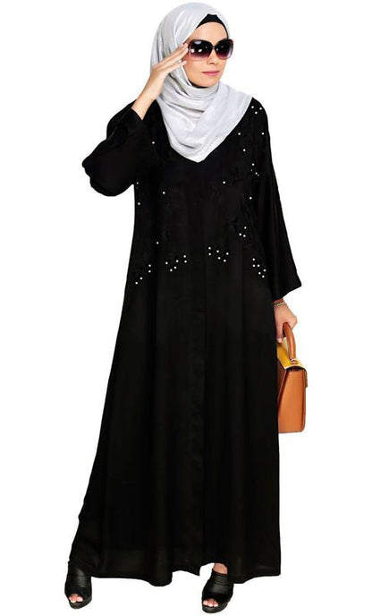 Pearl And Flora Embroidered Dubai Style Black Abaya