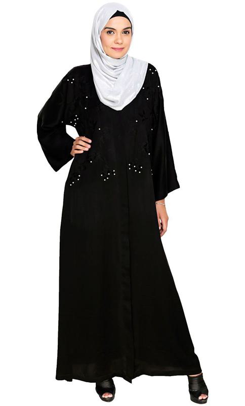 Pearl And Flora Embroidered Dubai Style Black Abaya