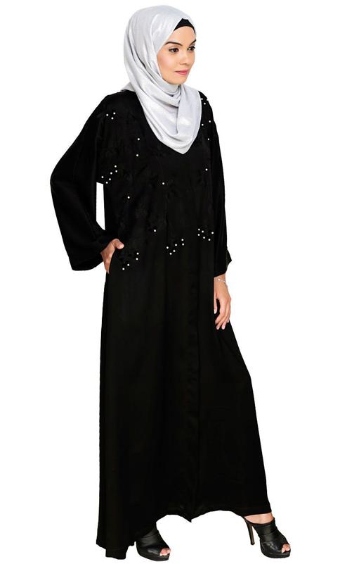 Pearl And Flora Embroidered Dubai Style Black Abaya