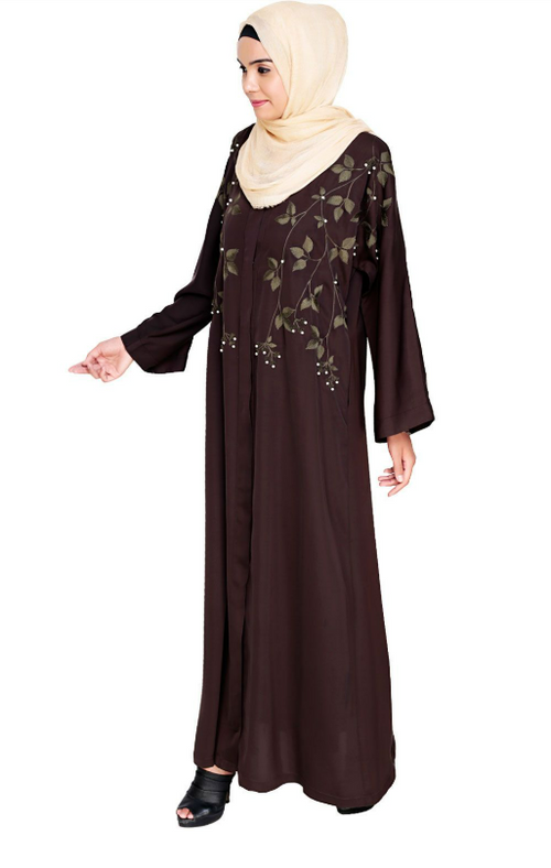 Pearl And Flora Embroidered Dubai Style Dark Brown Abaya