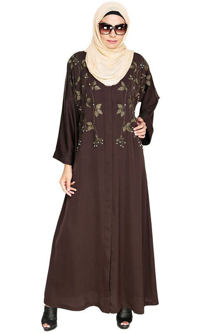 Pearl And Flora Embroidered Dubai Style Dark Brown Abaya