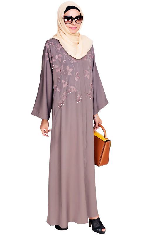 Pearl And Flora Embroidered Dubai Style Mud Brown Abaya (Made-To-Order)