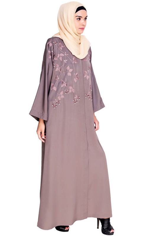 Pearl And Flora Embroidered Dubai Style Mud Brown Abaya (Made-To-Order)
