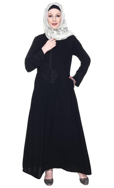Persian Embroidered Black Abaya With Black Embroidery (Made-To-Order)