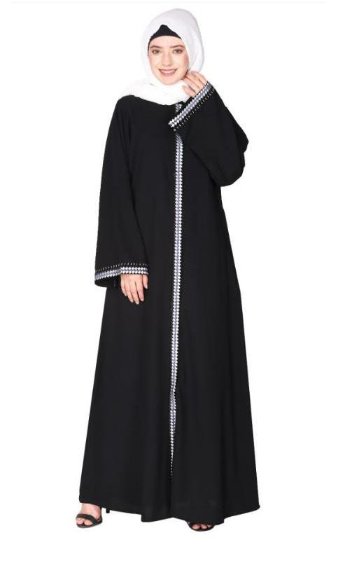 Pleasing Front Open Black Abaya With Beautiful Checkered Embroidery