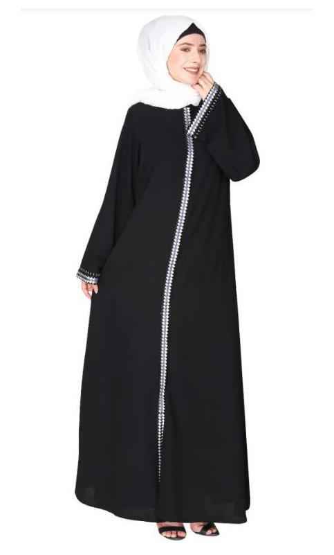 Pleasing Front Open Black Abaya With Beautiful Checkered Embroidery