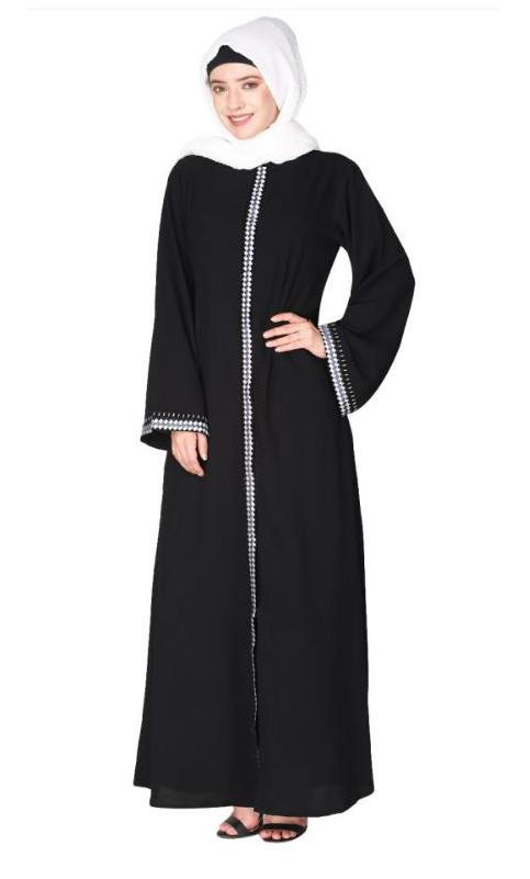 Pleasing Front Open Black Abaya With Beautiful Checkered Embroidery