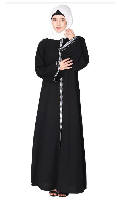 Pleasing Front Open Black Abaya With Beautiful Checkered Embroidery