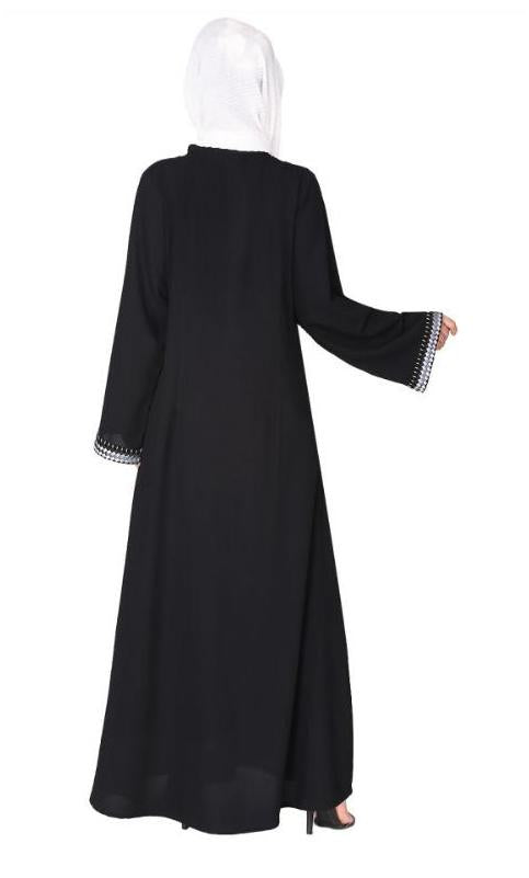 Pleasing Front Open Black Abaya With Beautiful Checkered Embroidery