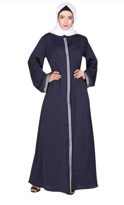 Pleasing Front Open Blue Abaya With Beautiful Checkered Embroidery