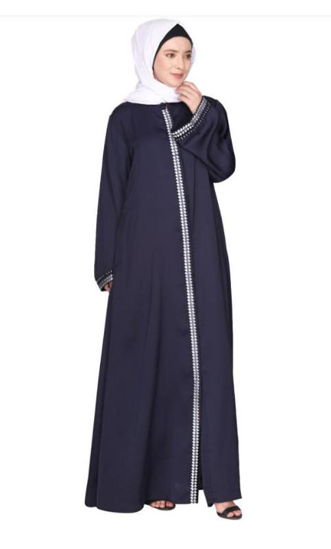 Pleasing Front Open Blue Abaya With Beautiful Checkered Embroidery