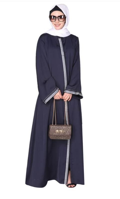 Pleasing Front Open Blue Abaya With Beautiful Checkered Embroidery