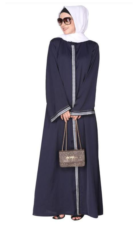 Pleasing Front Open Blue Abaya With Beautiful Checkered Embroidery