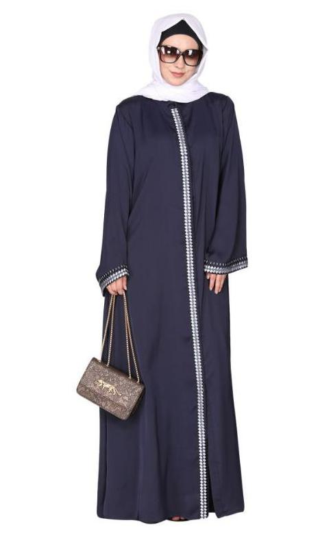 Pleasing Front Open Blue Abaya With Beautiful Checkered Embroidery