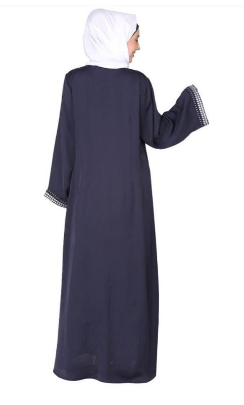 Pleasing Front Open Blue Abaya With Beautiful Checkered Embroidery