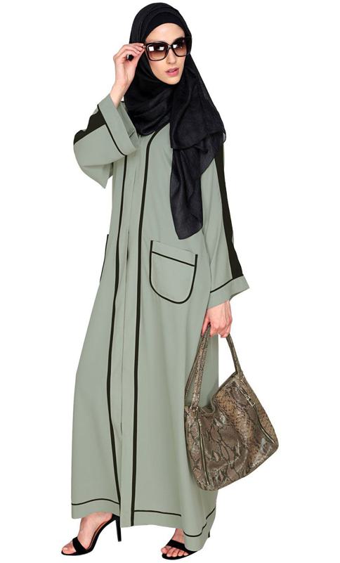 Pocket Dubai Style Abaya With Black Detailing (Made-To-Order)