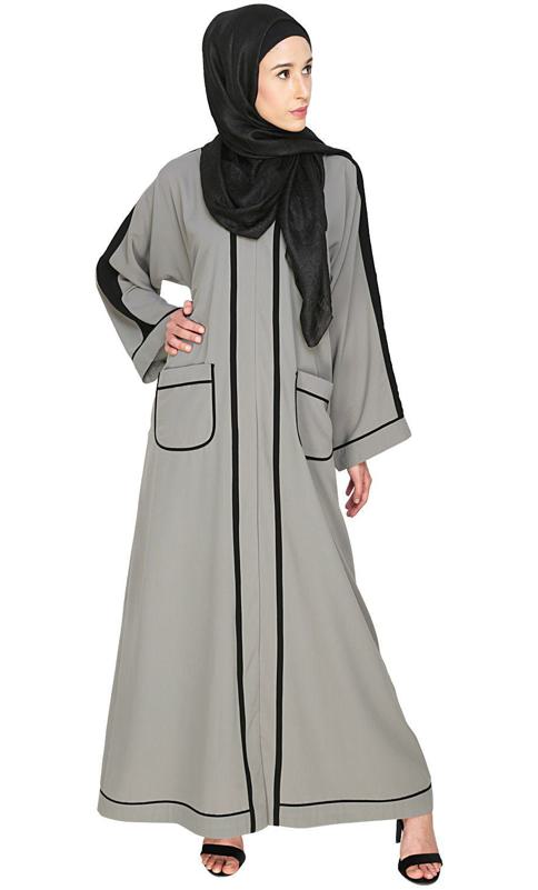 Pocket Dubai Style Abaya With Black and Grey Detailing (Made-To-Order)