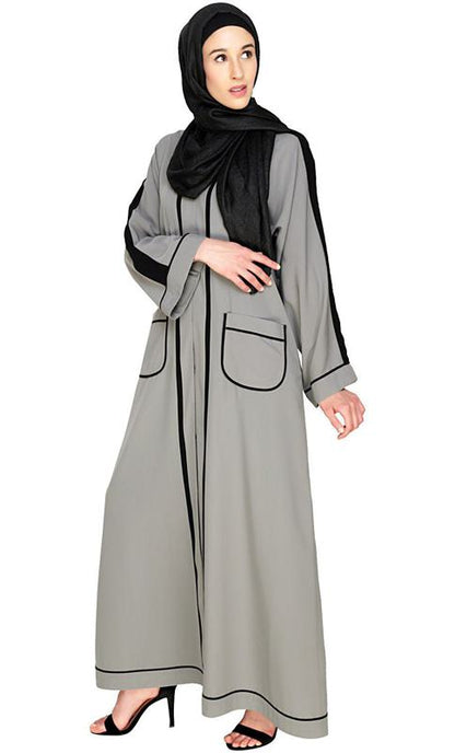 Pocket Dubai Style Abaya With Black and Grey Detailing (Made-To-Order)
