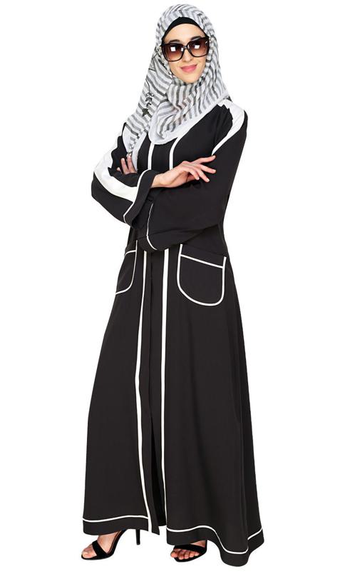 Pocket Dubai Style Abaya With White Detailing (Made-To-Order)
