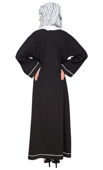 Pocket Dubai Style Abaya With White Detailing (Made-To-Order)