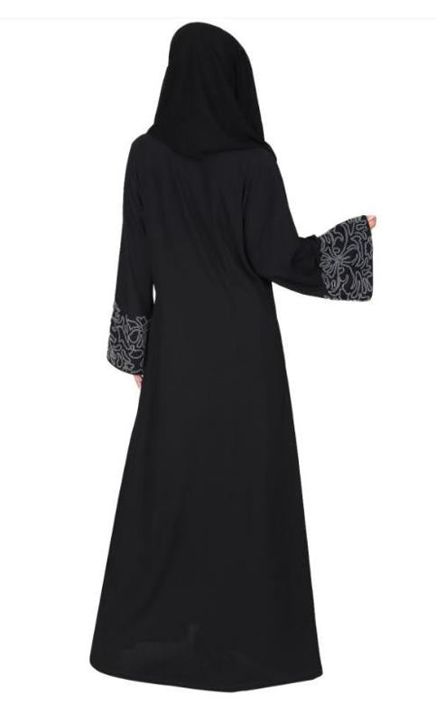 Premium Hand Embroidered Front Open Black Abaya With Gleaming Dual Seed Beads