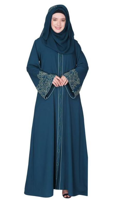 Premium Hand Embroidered Front Open Bottle Green Abaya With Gleaming Dual Seed Beads (Made-To-Order)