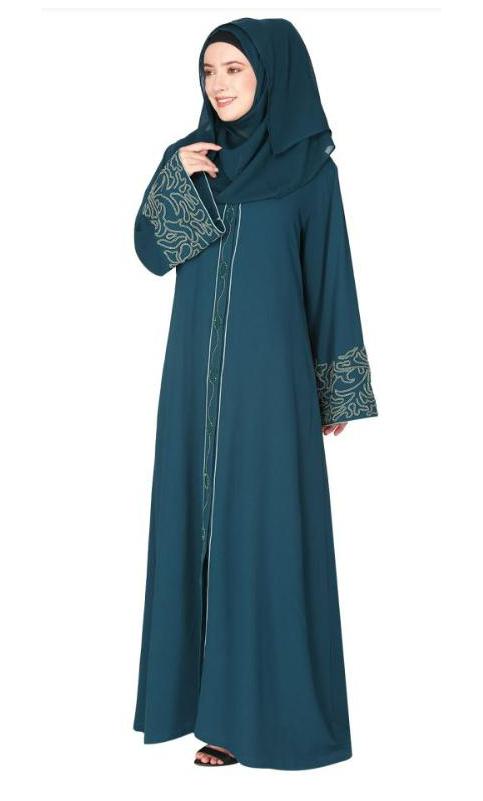 Premium Hand Embroidered Front Open Bottle Green Abaya With Gleaming Dual Seed Beads