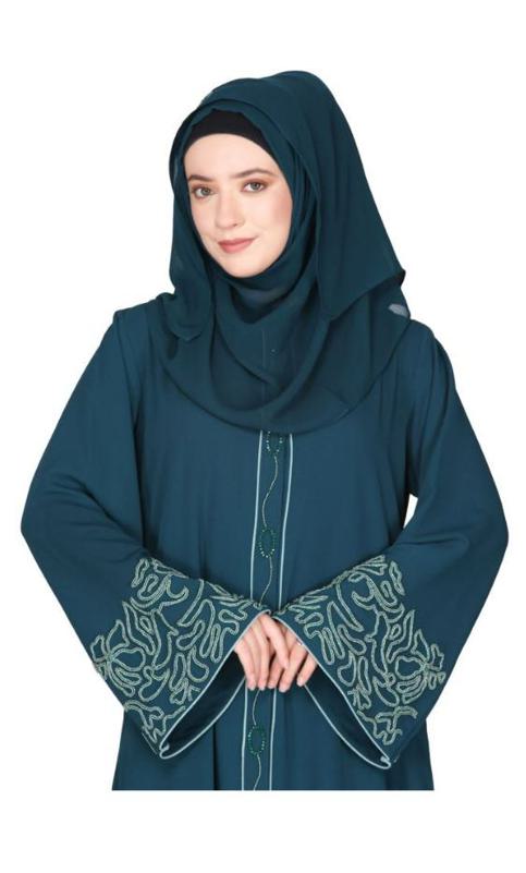 Premium Hand Embroidered Front Open Bottle Green Abaya With Gleaming Dual Seed Beads