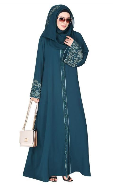 Premium Hand Embroidered Front Open Bottle Green Abaya With Gleaming Dual Seed Beads