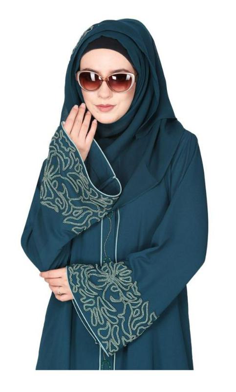 Premium Hand Embroidered Front Open Bottle Green Abaya With Gleaming Dual Seed Beads