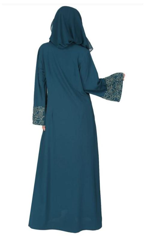 Premium Hand Embroidered Front Open Bottle Green Abaya With Gleaming Dual Seed Beads