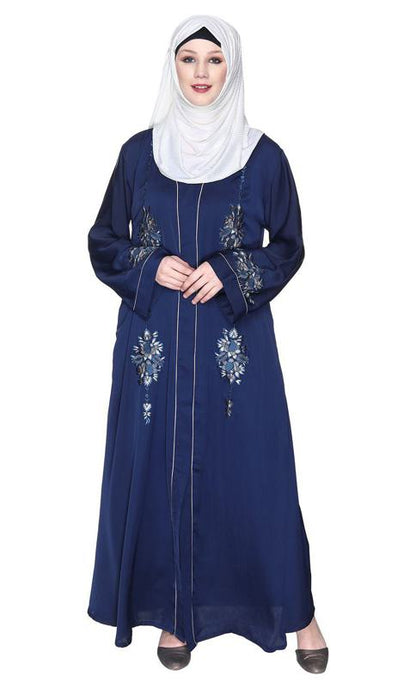 Blue And White Dimensional Design Embroidered Abaya (Made-To-Order)