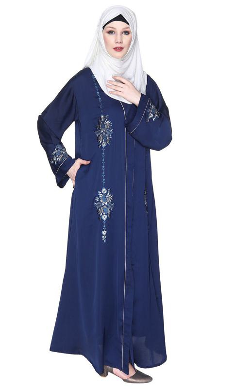Blue And White Dimensional Design Embroidered Abaya (Made-To-Order)