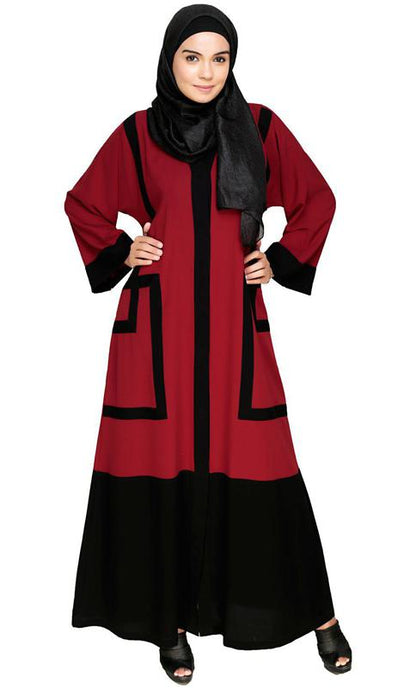 Quirky Dubai Style Maroon Abaya With Detailing