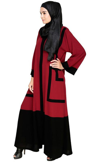 Quirky Dubai Style Maroon Abaya With Detailing