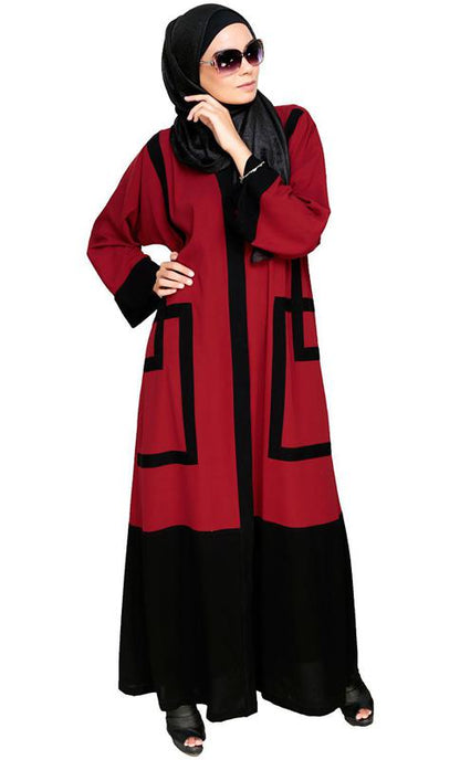 Quirky Dubai Style Maroon Abaya With Detailing