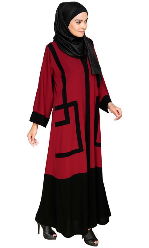 Quirky Dubai Style Maroon Abaya With Detailing