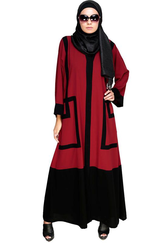 Quirky Dubai Style Maroon Abaya With Detailing