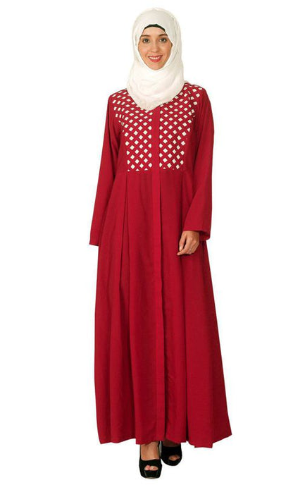 Red Hand Crafted Checkered Yoke Abaya (Made-To-Order)