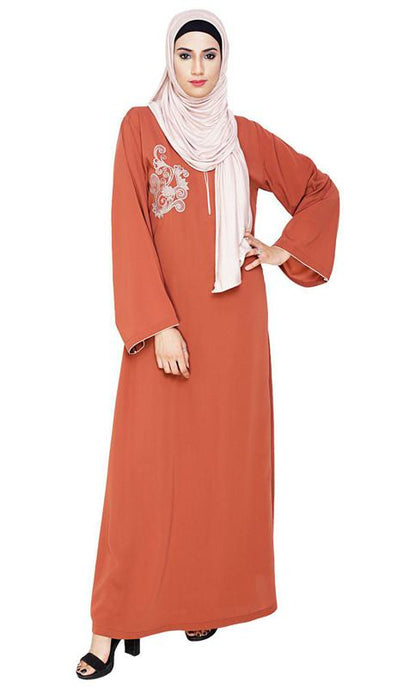 Resham Ornate Brick Red Dubai Style Abaya