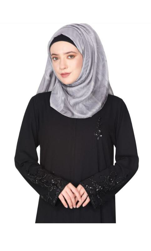 Rich Hand Embroidered Front Open Black Abaya With Intricate Motif Of Glittering Black Beads